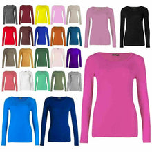 Load image into Gallery viewer, Womens Ladies Long Sleeve Stretch Plain Scoop Neck T Shirt Top Assorted 8-26