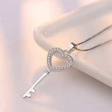 Load image into Gallery viewer, Women Crystal Heart Key Pendant Chain Necklace 925 Sterling Silver Jewellery UK
