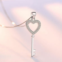 Load image into Gallery viewer, Women Crystal Heart Key Pendant Chain Necklace 925 Sterling Silver Jewellery UK
