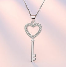 Load image into Gallery viewer, Women Crystal Heart Key Pendant Chain Necklace 925 Sterling Silver Jewellery UK
