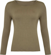 Load image into Gallery viewer, Womens Ladies Long Sleeve Stretch Plain Scoop Neck T Shirt Top Assorted 8-26
